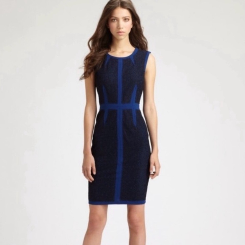 BCBGMaxAzria lace color block sheath dress, new without tags. Sliming